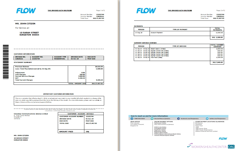 download Jamaica Flow tax invoice cable and internet bill Word and PDF template, 2 pages SCR PDF template